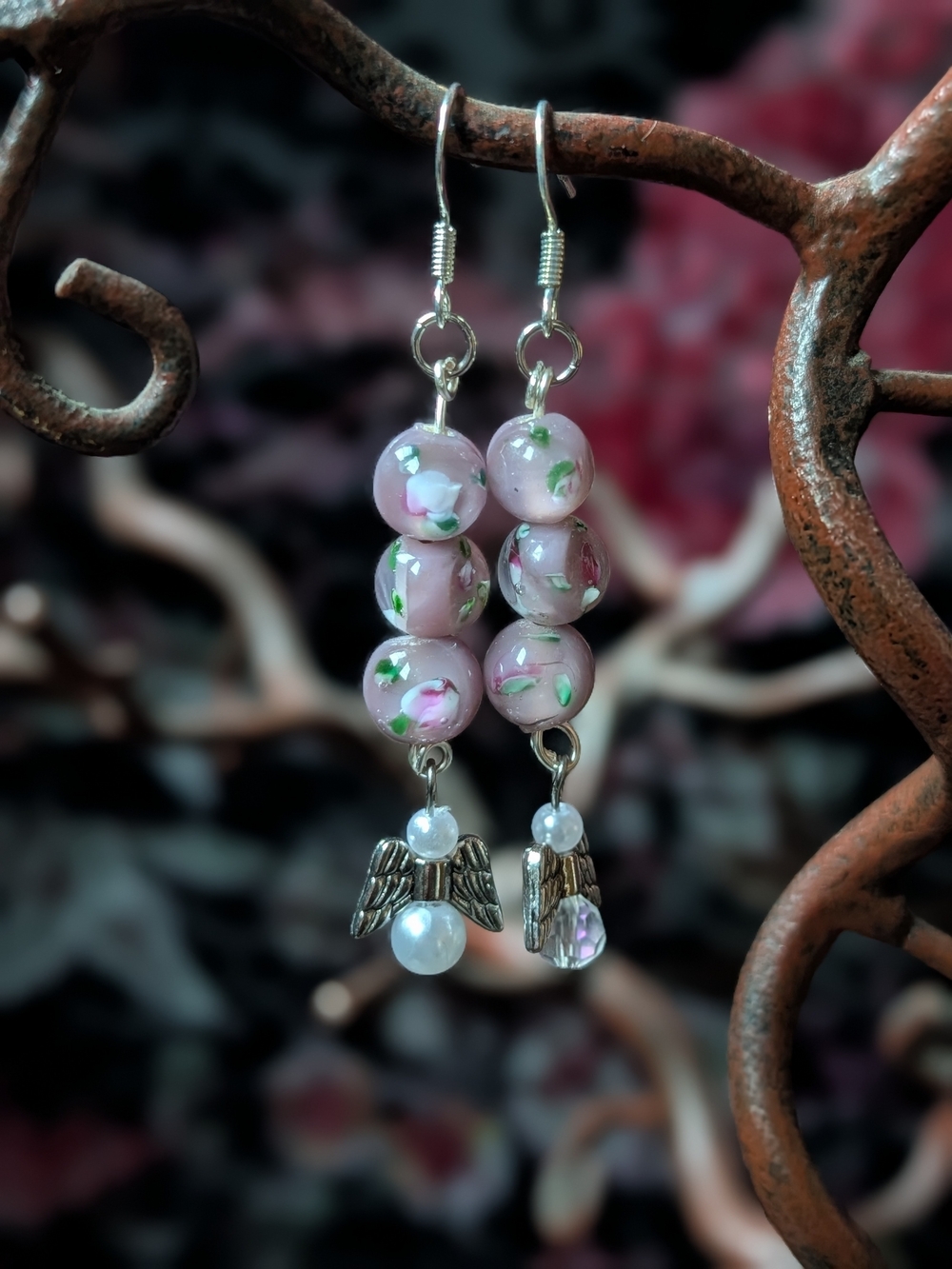 Pink Floral Detail Angel Drop Handmade Earrings